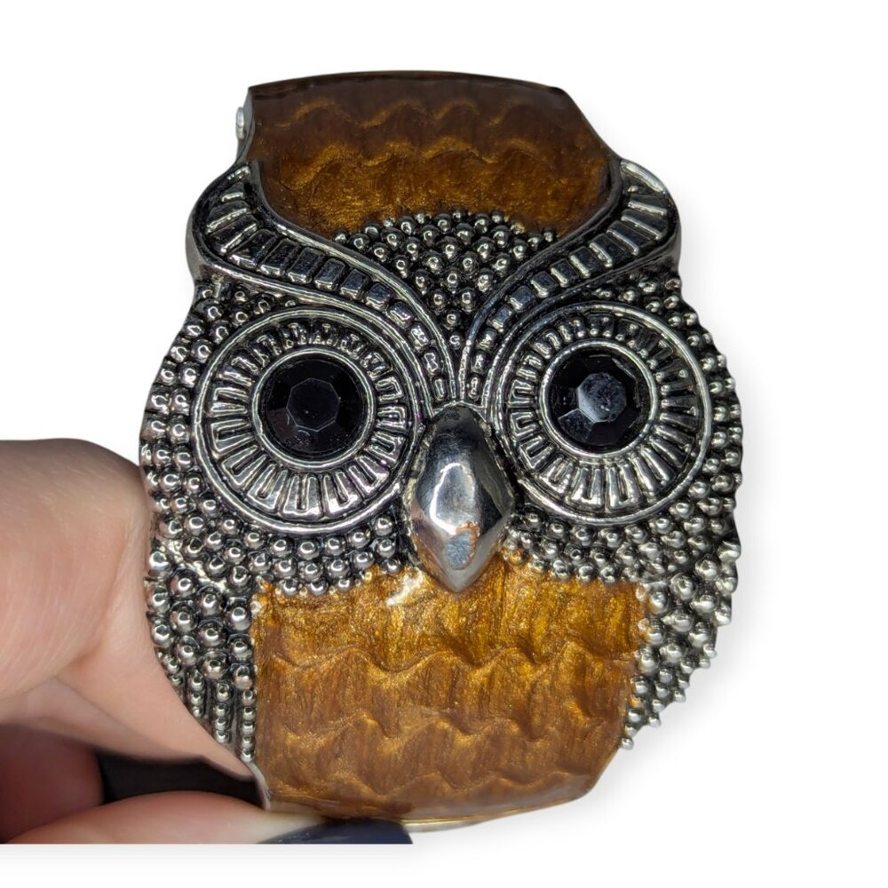 Wide Owl Cuff Silver Tone & Brown Accent Bangle Bracelet Hinged Fashion Jewelry - Picture 5 of 11